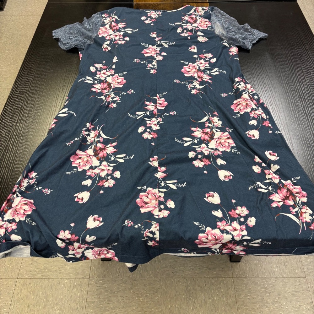 Bloomchic Navy Floral Lace Trim V-Neck Short Sleeve Empire Waist Dress 18-20 - Picture 5 of 8